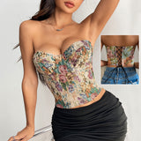 Y2K Floral Print Tube Vest Top with Back-tied Design, INS Fashion Crop Corset Tank