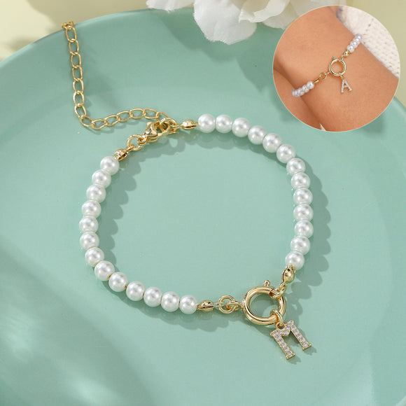 New Fashion Toggle Clasp Initial Bracelet, Women's A-Z Letter Pendant, 6mm Pearl Bracelet for Women