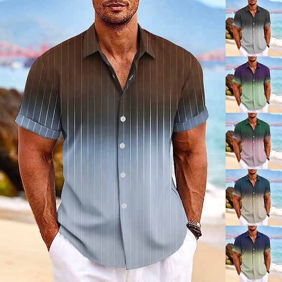 Lapel Button Short-sleeved Shirt, Summer Fashion Gradient Striped Print Beach Leisure Tops, Men's Clothing