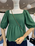 Short Shirt with Square Neck Pleated Temperament