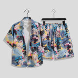 Hong Kong Style Retro Short Sleeve Printed Shirt + Shorts Set