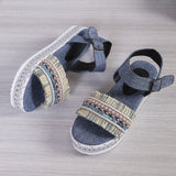 Fashion Tassel Denim Sandals with Thick-soled Flat Heels, New Summer Hemp Rope Sole Ethnic Style Shoes for Women