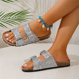Double Buckle Sandals for Women, New Fashion Sequined Beach Shoes, Summer Leisure Outdoor Slippers Slides