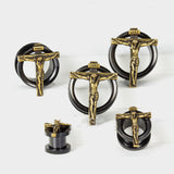 Vintage Old Gold Hollow Piercing Enlargement Earrings in Black