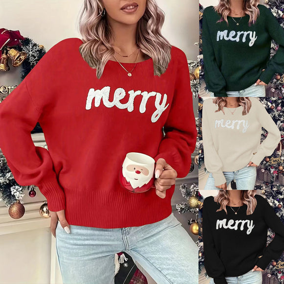 Women’s Knitted Crew Neck Sweater – Loose Pullover Jumper, Elegant and Warm, Trendy Spring/Christmas Wear