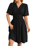 V-neck Short-sleeved Dress, Fashion Bell-sleeved Skirt for Women