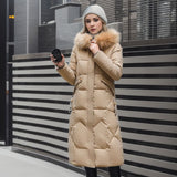 Women's Quilted Cotton-padded Over-the-Knee Jacket with Large Fur Collar