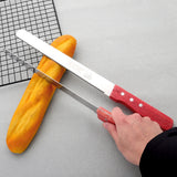 Stainless Steel Bread Knife with Red Wooden Handle – Fine-tooth Serrated Cake & Toast Slicer