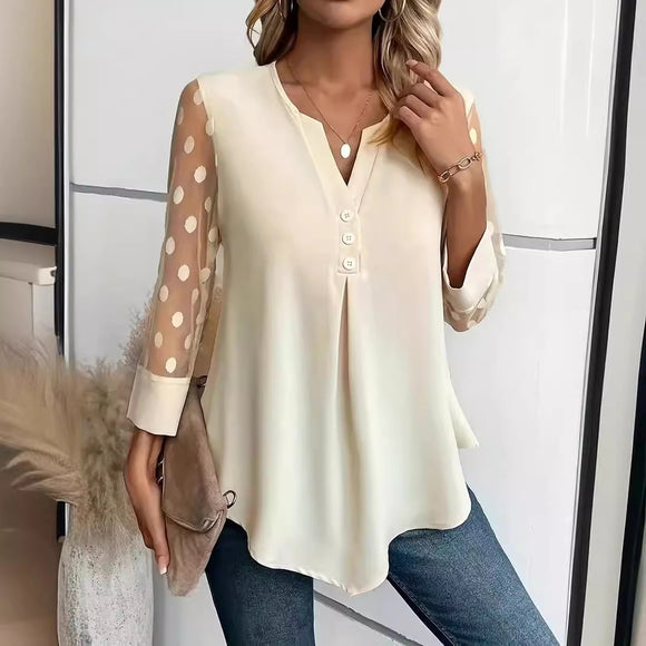 Spring and Summer Mesh Sleeves Button Shirt for Women