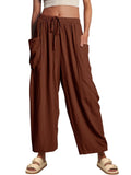 Stretched-waist Pleated High-waisted Wide-leg, Loose Casual, Cotton and Linen Long Pants