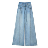 Women’s Washed Blue Wide-leg Flared Denim Jeans with Hot Stone Embellishment – Loose Fit Casual Fashion