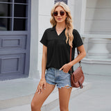 Solid Color V-neck Lapel Short-sleeved T-shirt, Summer Loose Top, Women's Clothing