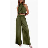 Casual Sleeveless Midriff-baring, Top and Wide Leg Pants, 2 Pcs Set, Summer Suits Women's Clothing