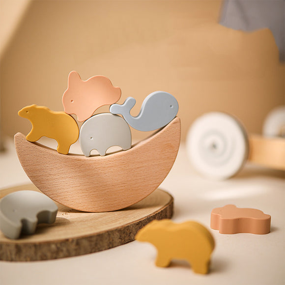 Nordic Style Wooden Animal Stacking Toys, Baby Food Grade Silicone Folding Cradle Accessories