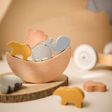 Nordic Style Wooden Animal Stacking Toys, Baby Food Grade Silicone Folding Cradle Accessories