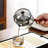 Semi-automatic Rotary Heat-resistant Glass Teapot, Lazy Tea Making with Infuser and Wooden Handle, Office Home Accessories Kitchen Gadgets