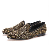 Men's Slip-on Black Leather Loafers, Golden Diamond Design, Casual Style