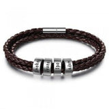 Men's Braided Genuine Leather Bracelet, Stainless Steel Beads, Charm Band for Boys