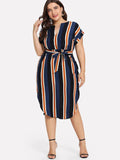 Fat Sister's Belt, Stripe Slim Look V-neck Dress