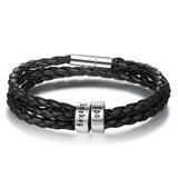 Men's Braided Genuine Leather Bracelet, Stainless Steel Beads, Charm Band for Boys