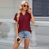 Solid Color V-neck Lapel Short-sleeved T-shirt, Summer Loose Top, Women's Clothing