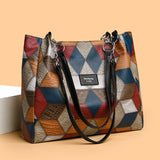 Retro Geometric Pattern Color-matching Shoulder Bag, Fashion Large Capacity Stitching Handbag or Totes for Women