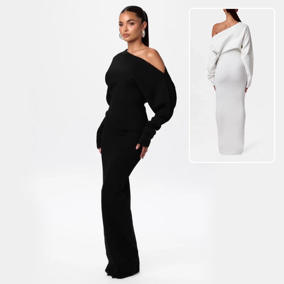 INS Sexy Off-shoulder Slim Fit Knit Long Sleeve Bodycon Maxi Dress