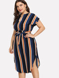 Fat Sister's Belt, Stripe Slim Look V-neck Dress