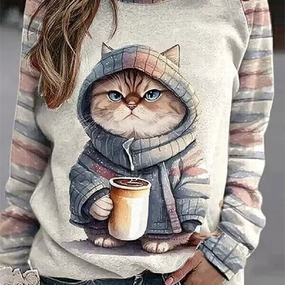 Casual Top Printed 3D Dense Round Neck Sweater, Women's Printed Wear