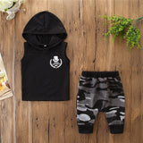2-Piece Boys Toddler Outfit – Sleeveless Hooded T-shirt & Camo Pants Set