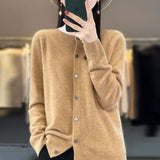 Fashion Merino Wool Cardigan Sweater, Women's O-neck Long-sleeve Cashmere Knitwear, Spring Autumn Female Clothing Tops