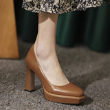 Horse Oil Leather Thick Heel Shoes