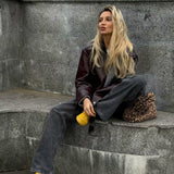 Solid Color Lapel Zipper Jacket, Casual Long Sleeve Leather Coat Tops, Women's Outdoor Clothing