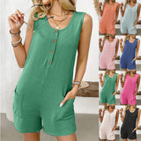 Summer Round Neck Casual Sleeveless Solid Color Short Jumpsuit with Pockets, Women's Turtle Neck Holiday Beach Shorts