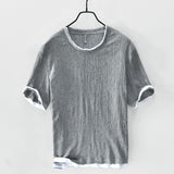 Linen Loose Casual Men's Round Neck T-shirt, Japanese Short-sleeved Blouse