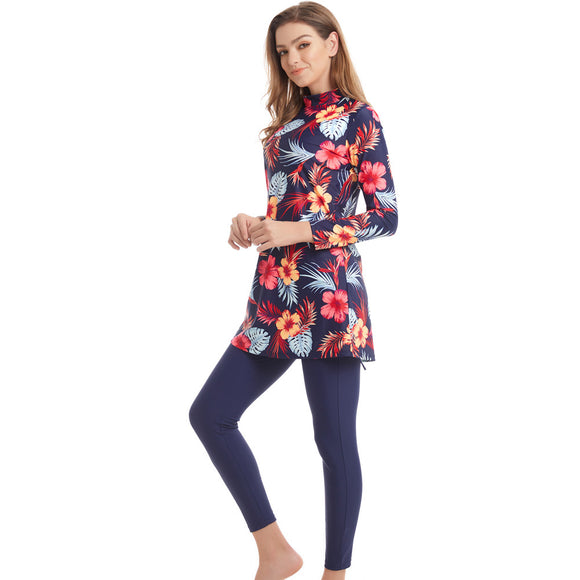 Muslim Burkini Swimwear, Women's Modest Patchwork Hijab Long Sleeves Sports Swimsuit, Islamic Muslimah Burqinis Wear Bathing Suit