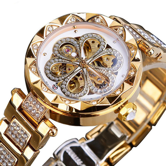Forsining Mechanical Automatic Ladies' Watches, Top Brand Luxury Rhinestone Female Stainless Steel Clock