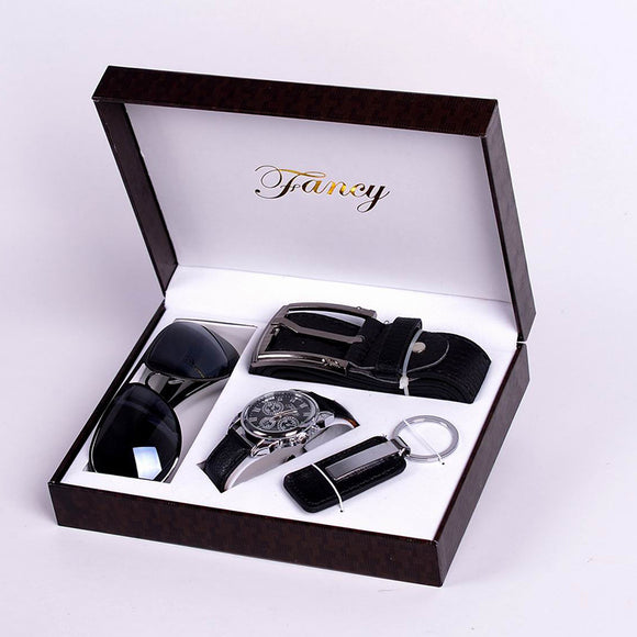 Men's Gift High-end Watch, Fashion Sunglasses Keychain 4 Piece Set