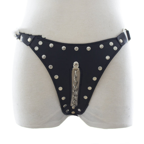 Black Leather, Rivet Line Chain Panties, Women's Chastity Device
