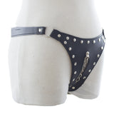 Black Leather, Rivet Line Chain Panties, Women's Chastity Device