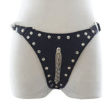 Black Leather, Rivet Line Chain Panties, Women's Chastity Device