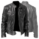 Men's PU Leather Zip-up Jacket with Stand Collar