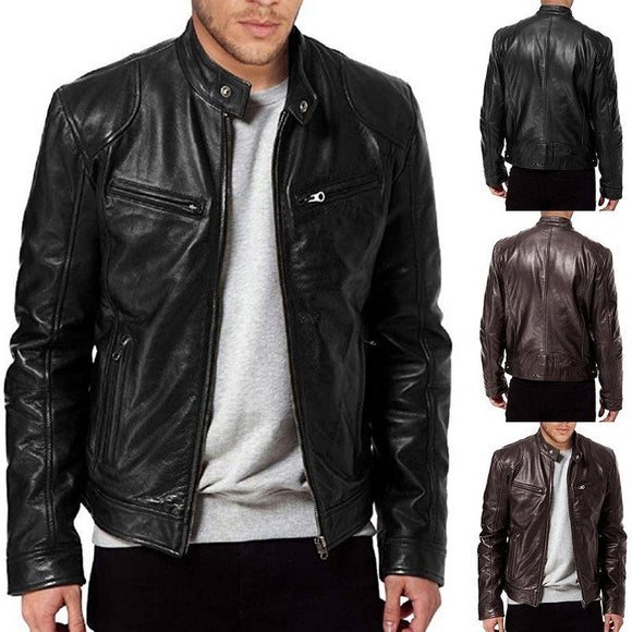 Men's PU Leather Zip-up Jacket with Stand Collar