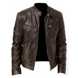 Men's PU Leather Zip-up Jacket with Stand Collar
