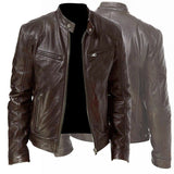 Men's PU Leather Zip-up Jacket with Stand Collar