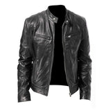 Men's PU Leather Zip-up Jacket with Stand Collar
