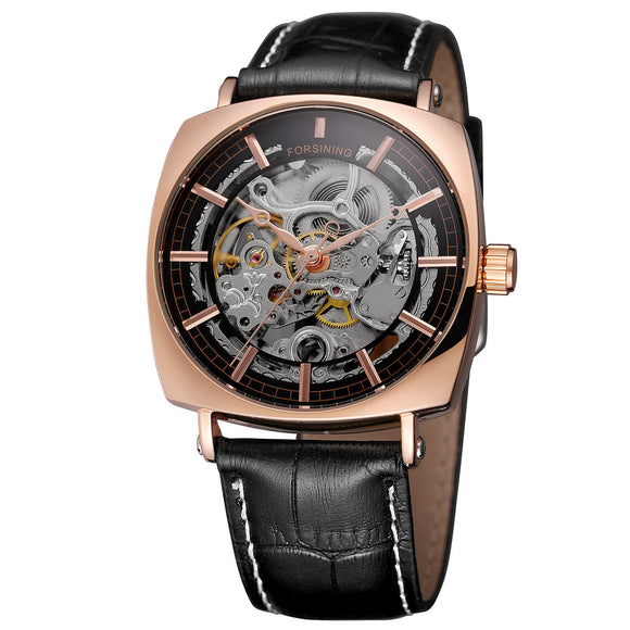Forsining Black Genuine Leather Fashion Royal Luxury Gold Clock, Skeleton Men's Automatic Mechanical Watches