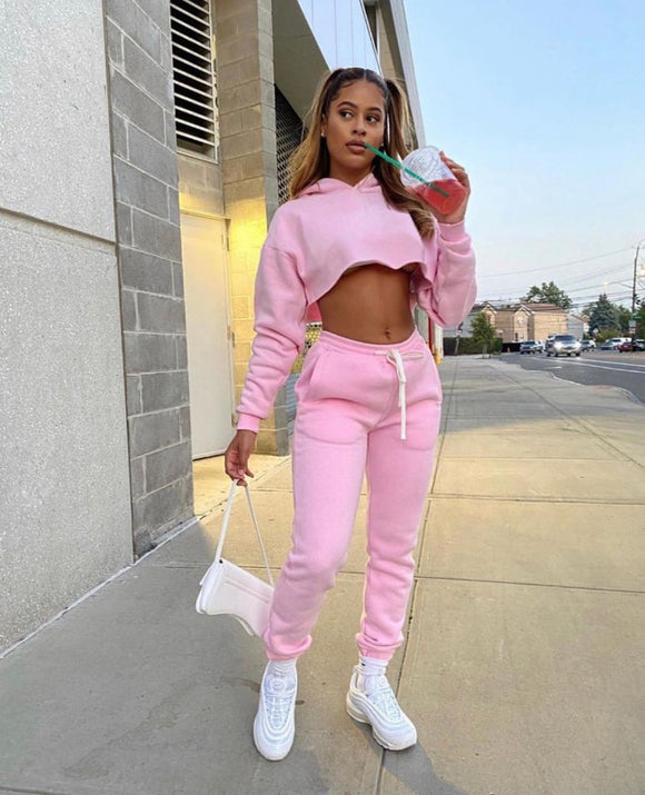 Fall Winter Short Sweater + Drawstring Sweatpants, Pure Color Plus Suit