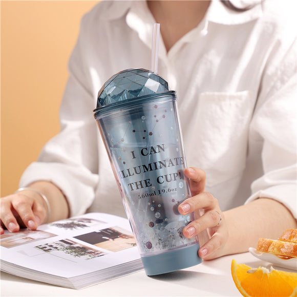 Luminous Creative Coffee Plastic Cup, Light Gradient Portable Student Double Straw Water Tumbler