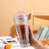 Luminous Creative Coffee Plastic Cup, Light Gradient Portable Student Double Straw Water Tumbler